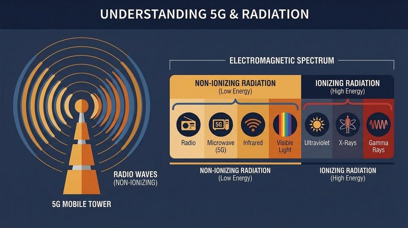 5G cell tower with electromagnetic wave diagram and cancer warning symbol