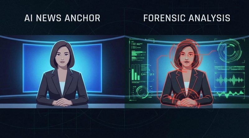 Split-screen showing an AI-generated news anchor beside forensic detection artifacts highlighted in red
