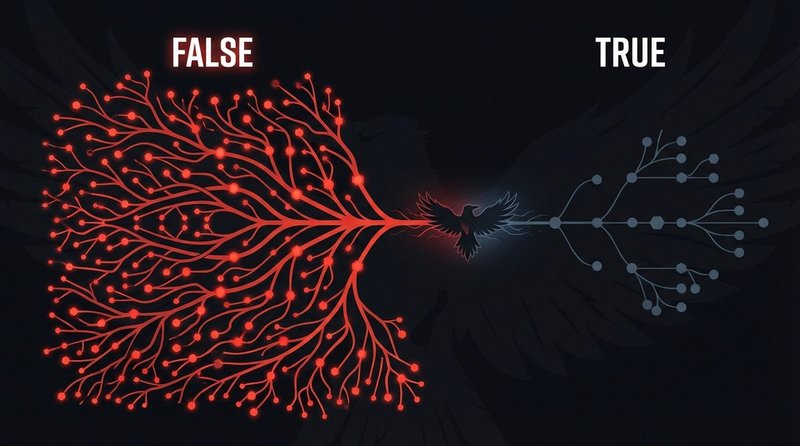 Network diagram showing a false news story spreading rapidly through social media nodes, reaching far more connections than a true story in the same time period