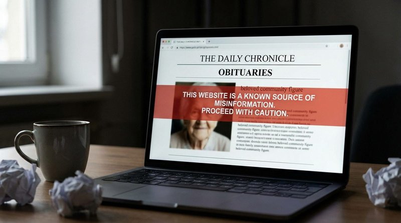 Illustration of a fake celebrity obituary webpage with warning indicators highlighting a suspicious URL and missing wire service coverage