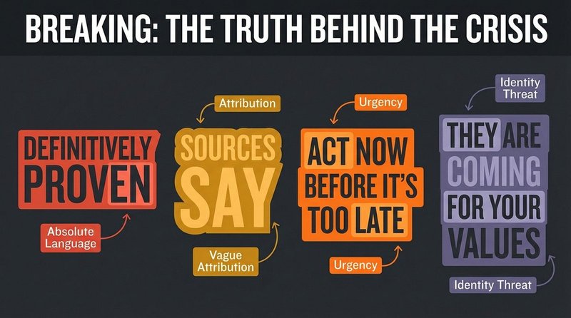 Annotated headline with manipulation patterns highlighted — absolute language, urgency framing, and vague attribution marked in different colors