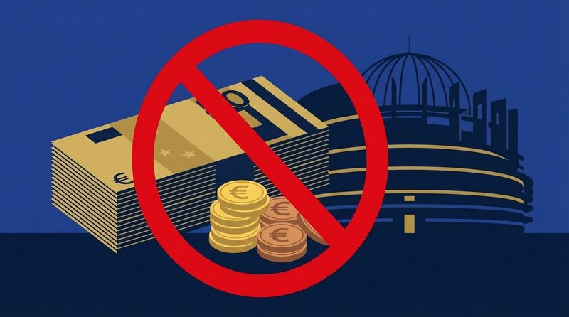 Euro banknotes and coins next to EU Parliament building graphic