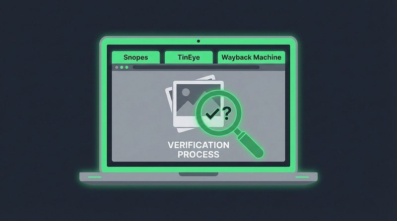 A browser interface showing reverse image search results alongside a fact-check database entry — tools for verifying online claims