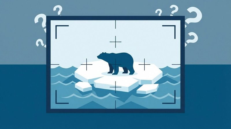 Polar bear on ice floe with question mark overlay indicating context dispute
