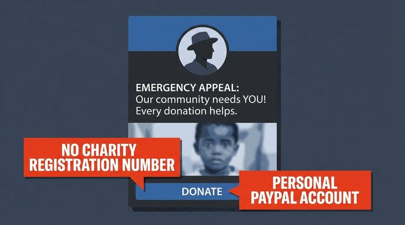 Illustration of a fake charity Facebook post using a celebrity photo with warning indicators pointing to missing registration details and a personal PayPal link