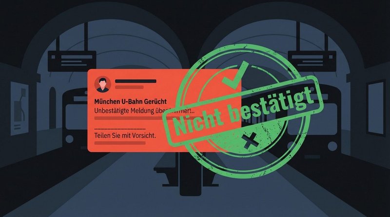 Illustration einer Münchner U-Bahn-Station mit einer Telegram-Nachricht im Vordergrund und einem Polizeipräsidium-Stempel 'Kein Einsatz dokumentiert'