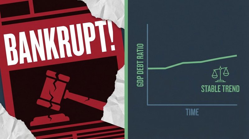 Illustration of a sensationalist newspaper headline about German bankruptcy contrasted with a calm economic chart showing stable debt ratios