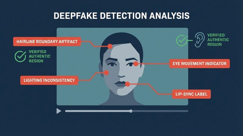 Visual indicator diagram showing deepfake detection markers on a video frame — hairline artifacts, lighting inconsistency, and lip-sync misalignment highlighted