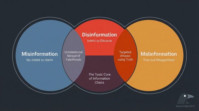 Three overlapping circles representing misinformation, disinformation, and malinformation — the information disorder framework