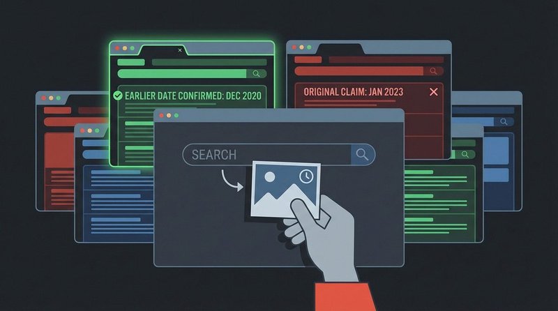 Screenshot composite showing a photograph being searched in reverse image tools with an earlier result surfacing from a different context