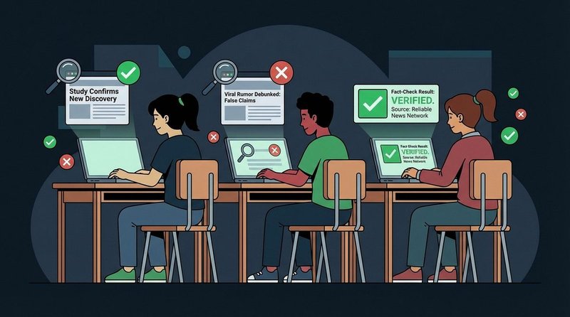 Students in a classroom analyzing social media posts on laptops as part of a media literacy exercise