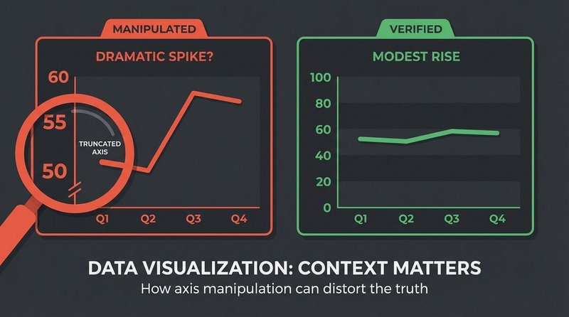 Two versions of the same inflation chart side by side — one with truncated Y-axis appearing dramatic, one with full scale appearing modest