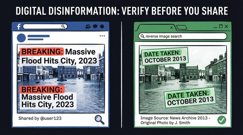 Illustration eines geteilten Bildrahmens: dasselbe Überschwemmungsfoto mit zwei verschiedenen Datumsangaben — 2013 korrekt, 2023 als Fehlinformation markiert