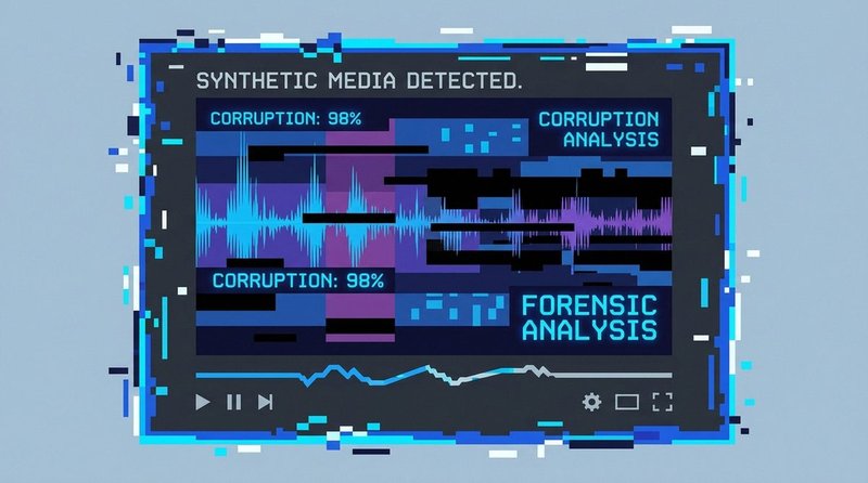 Distorted video frame with digital glitch artifacts indicating deepfake manipulation